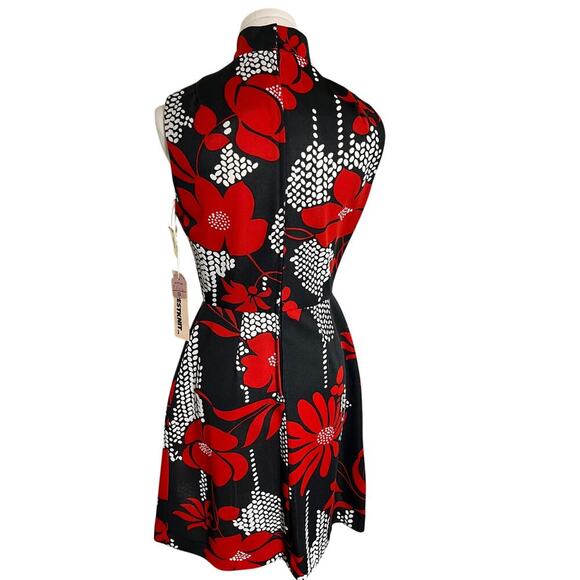 Vintage 60s Sears Crestknit Mod Dress XS S Tag Jr 9 Black‎ Red Floral Scarf Mod - Picture 3 of 13